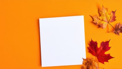 Naklejka premium White sheet on an yellow background with autumn leaves