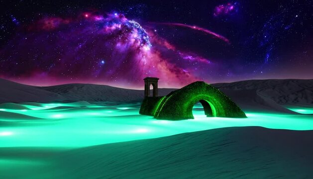 A Surreal Desert Nightscape: Bioluminescent Dunes, Glowing Moss, and a Dreamlike Sky of Swirling Galaxies