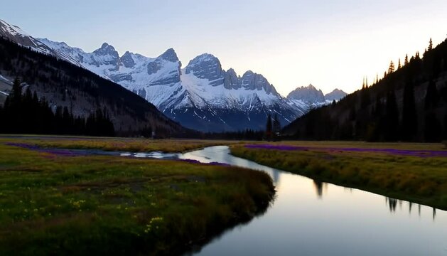 a Captivating Landscape That Mirrors the Serene Mountain Valley: Majestic Peaks, Dawn Light, and Tranquil River