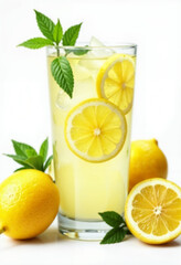 A glass of lemonade with lemon slices and mint leaves, surrounded by fresh lemons on a neutral monochrome background, vector, cut, free