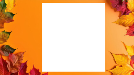 Obraz premium White sheet on an yellow background with autumn leaves