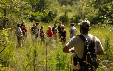 Environmental Science Instructor Leading College Students on Field Trip to Study Local Ecosystems in Nature Reserve