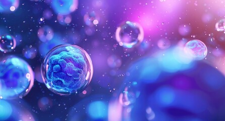 A close up of glowing blue cells in a laboratory, with the focus on one cell that is surrounded by several smaller glass spheres. The background has a purple gradient, creating a sense of depth and co