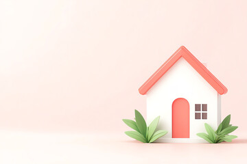 Stylish and modern mini house model with green plants on a soft pink background, perfect for real estate and home design themes.