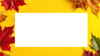 White sheet on an yellow background with autumn leaves