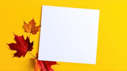 Naklejka premium White sheet on an yellow background with autumn leaves