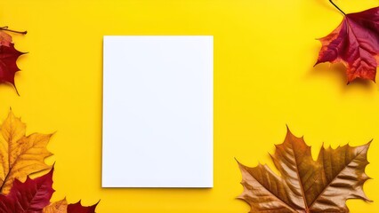 Obraz premium White sheet on an yellow background with autumn leaves