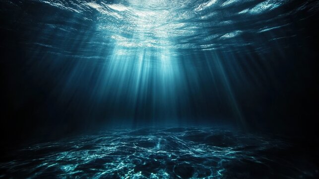 Beams of light penetrate the ocean's deep, dark waters, creating an ethereal, serene underwater scene.