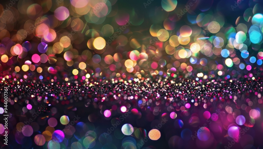 Poster a vibrant explosion of multicolored glitter particles, filling the frame with an array of sparkling 