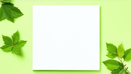 White sheet of paper on a light green background with spring leaves and flowers