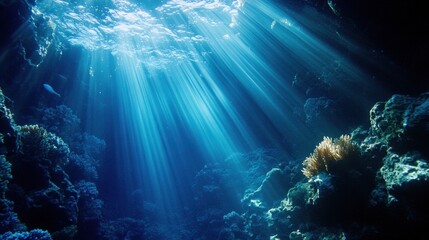 Fototapeta premium Beams of light penetrate the ocean's deep, dark waters, creating an ethereal, serene underwater scene.