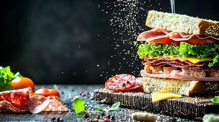 A gourmet sandwich being prepared with layers of cold cuts including ham, salami, and turkey, along with lettuce, tomato, and cheese. The sandwich is on a wooden board with ingredients scattered 