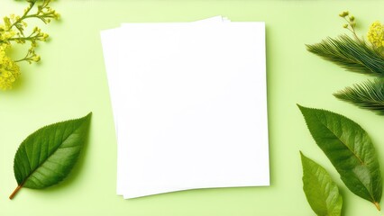 White sheet of paper on a light green background with spring leaves and flowers