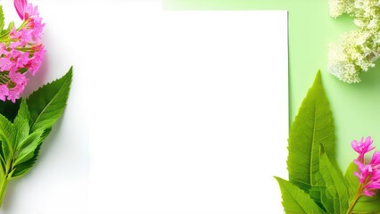 White sheet of paper on a light green background with spring leaves and flowers