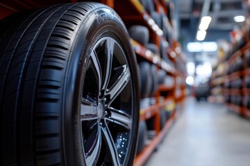 A close-up view of a sleek black tire on a shelf. The background showcases a organized storage area for tires. Ideal for automotive purposes and tire retail. Generative AI
