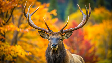 Autumnal forest with vibrant foliage in the background; likely a mountainous or woodland environment.