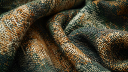 Fototapeta premium Close-up of woven fabric with earthy tones in brown, green, and beige, ideal for backgrounds and texture design