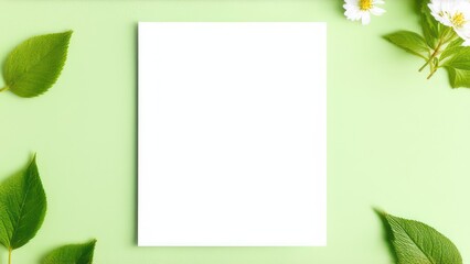 Fototapeta premium White sheet of paper on a light green background with spring leaves and flowers