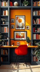 Stylish home office with vibrant orange accents, bookshelves, and cozy red chair, perfect for modern workspace inspiration.