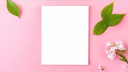 Fototapeta premium White sheet of paper on a light pink background with spring leaves and flowers 