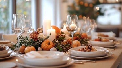 thanksgiving table decor, thanksgiving table beautifully set with elegant dinnerware and candles, creating a warm and inviting holiday atmosphere