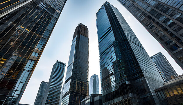 Fototapeta Business skyscrapers in the Financial District seen from below, metropolitan City Center