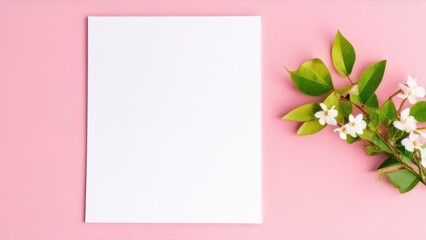 Fototapeta premium White sheet of paper on a light pink background with spring leaves and flowers 