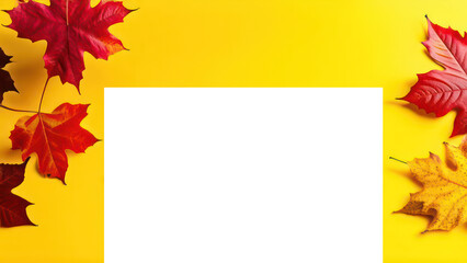 White sheet on an yellow background with autumn leaves and pumpkins