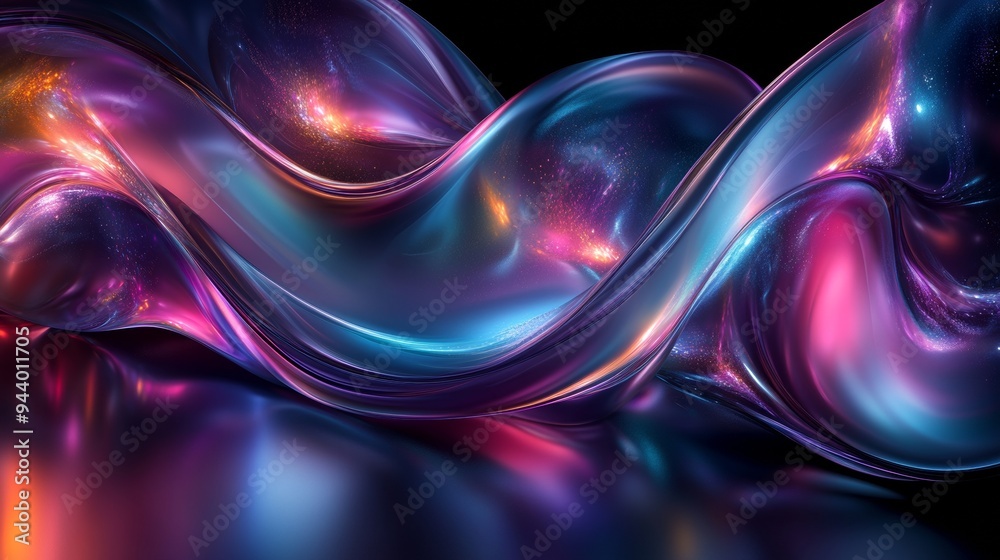Poster futuristic abstract curves with iridescent glow on dark background