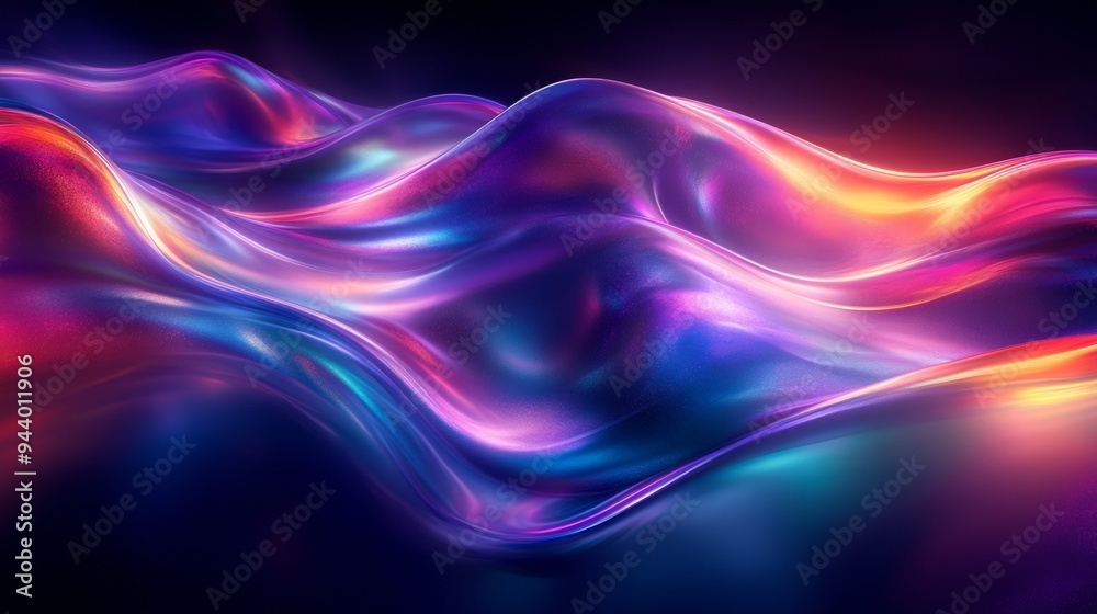 Poster Futuristic Abstract Curves with Iridescent Glow on Dark Background