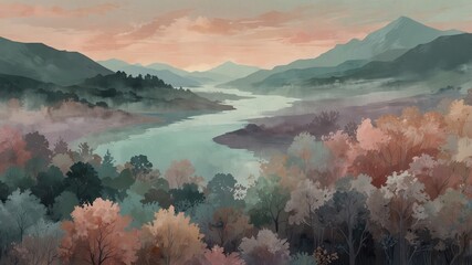 Fototapeta premium A serene landscape features an expansive river winding through mist covered mountains and richly colored autumnal trees at dawn