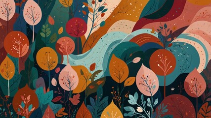 Naklejka premium An intricate and vibrant illustration depicting a variety of abstract autumn foliage and flowing organic shapes
