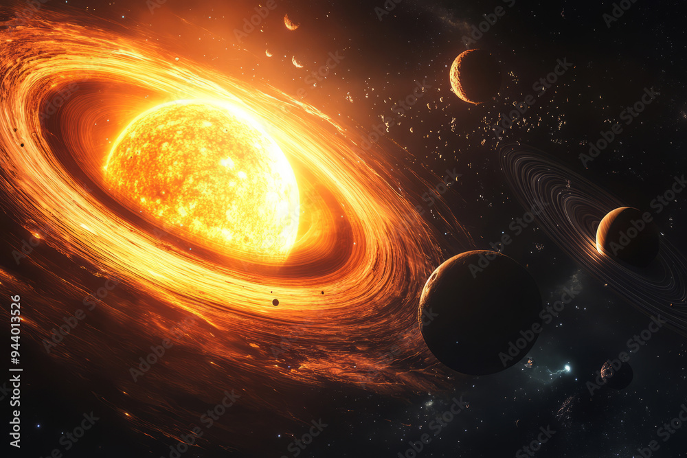 Poster planets are orbiting massive star in deep space. planetary system and glowing star