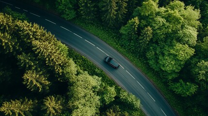 A car drives on a winding asphalt road through a lush, green forest. Tall trees line both sides of the road, creating a canopy overhead. 