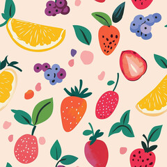 Fruit seamless background with berries, orange slices, and blueberries. Flat design