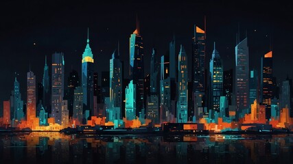 Obraz premium Illuminated Modern City Skyline at Night with Reflections