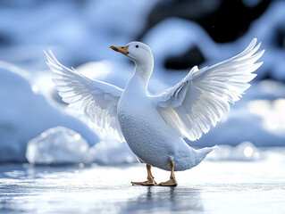 The image of a white duck with its wings spread, preparing to fly, on a frozen lake surrounded by snow.