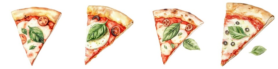 A slice of margherita pizza, traditional Italian dish, watercolor painting, warm tones, isolated on white background
