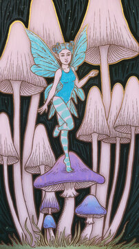 tilda doll in a knitted hat with a pompom, striped leg warmers, illustration, colored ink, gold + black outline fairy tale backlight cute beautiful