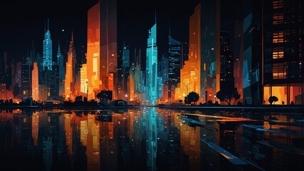 Obraz premium A Vivid Depiction of a Modern Cityscape at Night Reflected Brilliantly on the Water s Surface