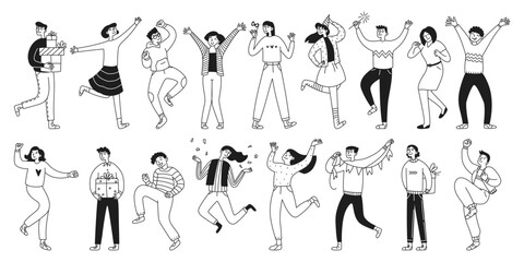 Big set of celebrating people. Collection with joyful jumping men and women celebrating an event or ceremony. Outline, line. Vector doodle illustration