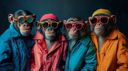 Four monkeys, each wearing colorful jackets and sunglasses, are posed together, creating a humorous and playful scene.