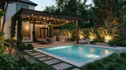 Modern backyard pool area with comfortable seating, pergola, and string lights, perfect for relaxation.