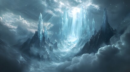 Crystal Peaks: Towering crystal peaks that pierce the heavens, with shimmering caves and ethereal light beams breaking through the clouds.

