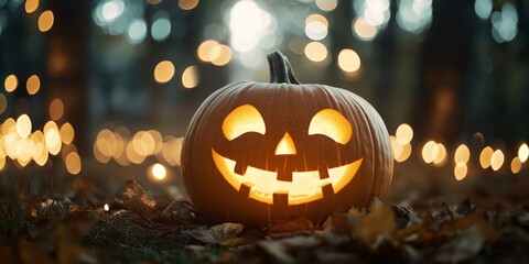 A single carved pumpkin glowing warmly amidst a background of soft autumn bokeh lights, creating a festive Halloween mood.