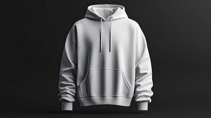 3D mockup of a plain white hoodie set against a black background, featuring ample empty space. Ideal for showcasing designs, advertisements, and business branding.