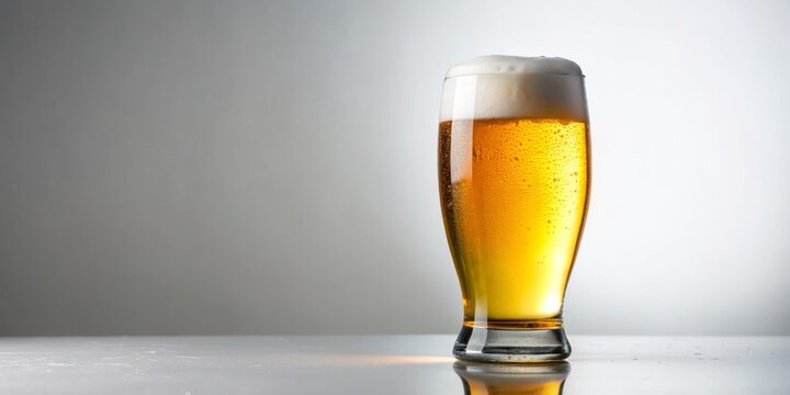 A Frosty Pint of Beer A Single Glass of Golden Brew with a Thick White Head, Reflected on a Clean White Surface