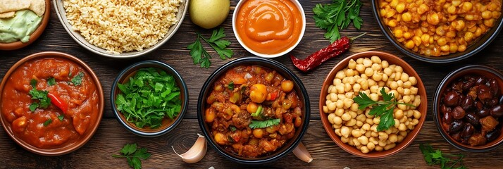 An appetizing display of chickpea dishes garnished with fresh herbs and accompanied by sauces, served on wooden table.