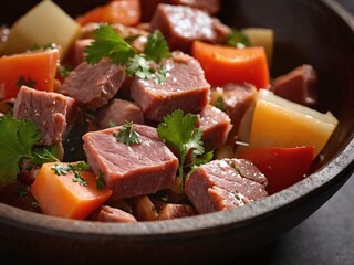 The concept of healthy food for pets - healthy meal bowl featuring vegetables and meat for nutritious dining experience