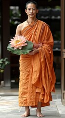 Buddhist Monk Holding Lotus Flower in Temple Setting